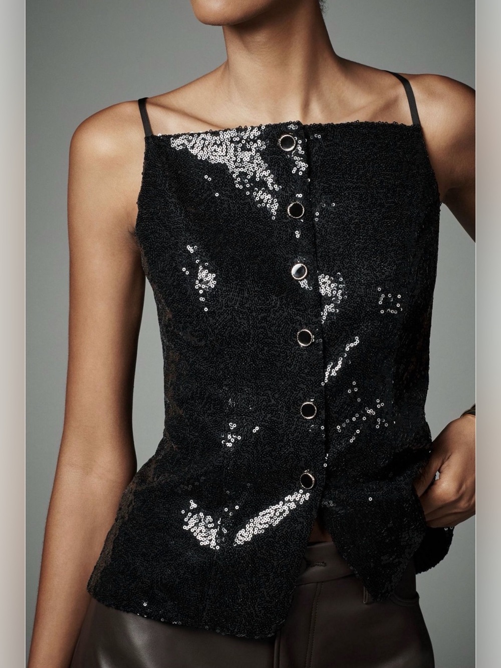 Anthropologie Sunday in Brooklyn Black Sequin square neck Button-Front Cami